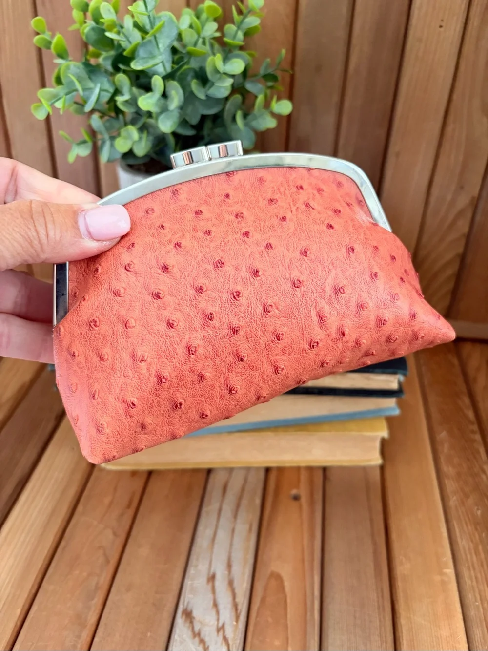Vintage styled Ostrich Textured Kiss Lock Mini Clutch in Coral, Vegan Leather